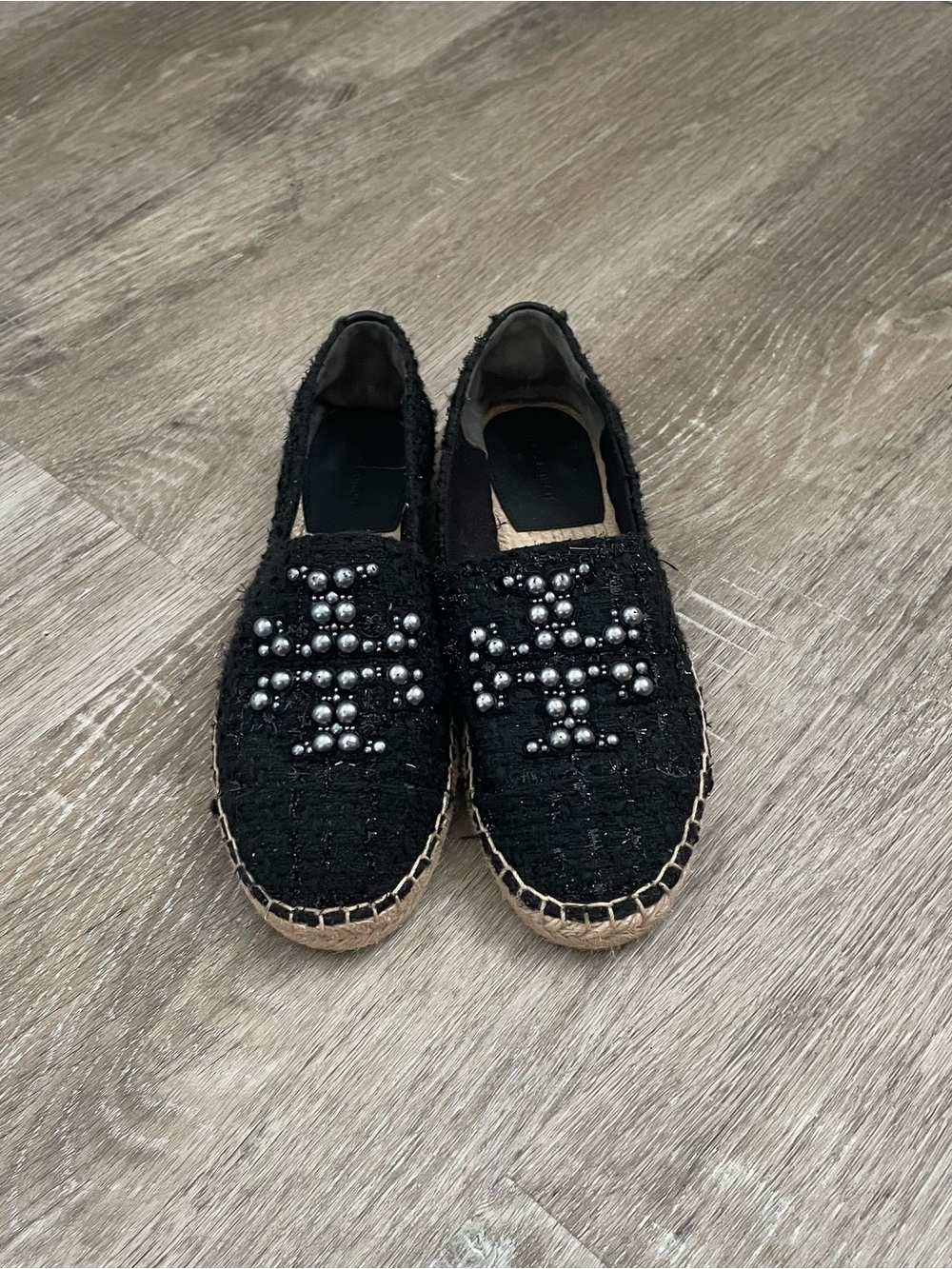 Tory Burch Black Tweed Pearl Beaded Espadrille Slip-On Shoes Women’s 7.5